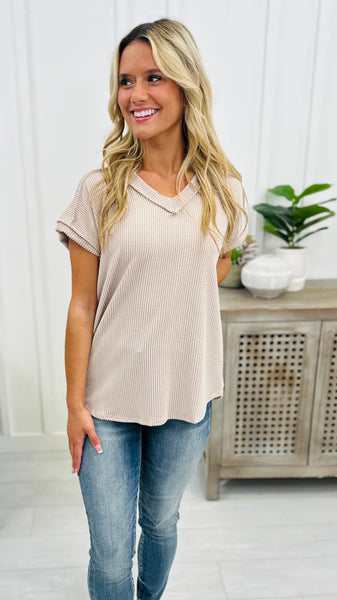 Ribbed V Neck Top Taupe