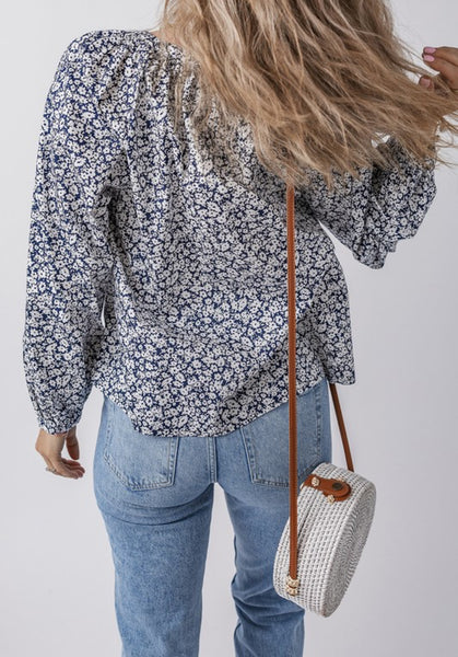 Dark Blue Floral Puff Sleeve Top