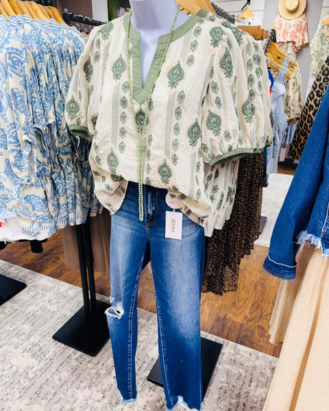 Sage Embroidered Top
