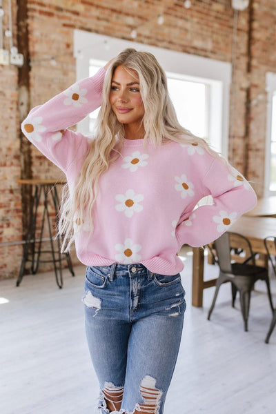 Drew Daisy Floral Sweater Pink