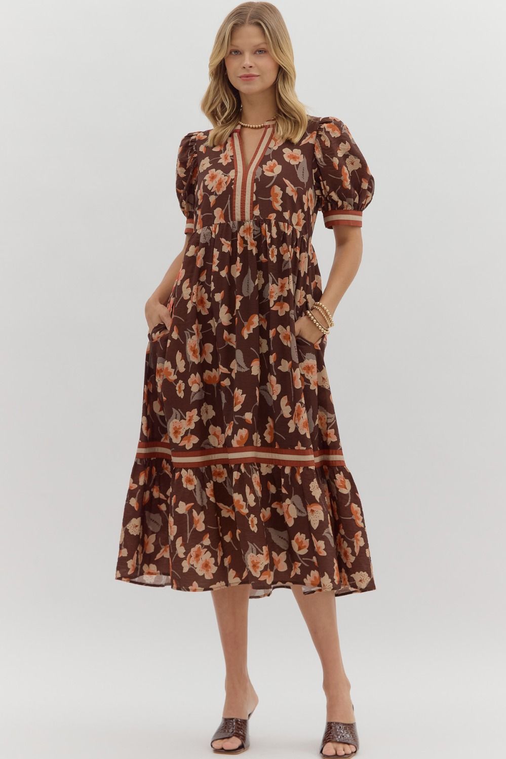 Floral Multicolor Tiered Midi Dress Brown Mix