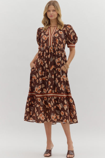Floral Multicolor Tiered Midi Dress Brown Mix