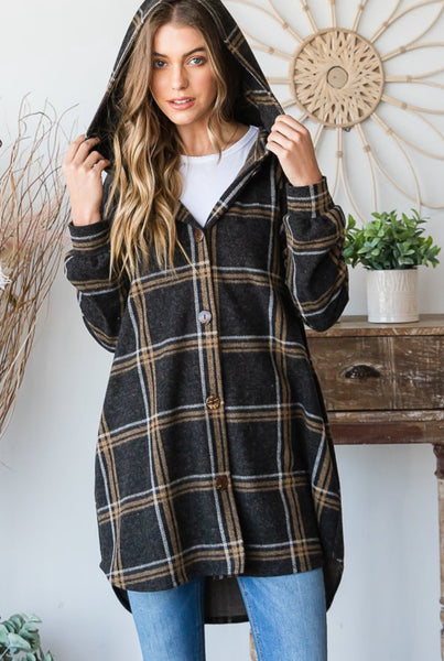 Charcoal Plaid Hooded Button Down Cardigan