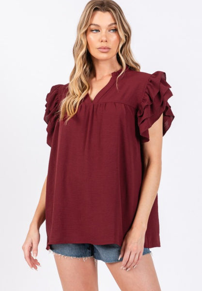 Ruffle Sleeve Game Day Top Maroon