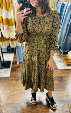 Autumn Camel Dotted Tiered Midi Dress