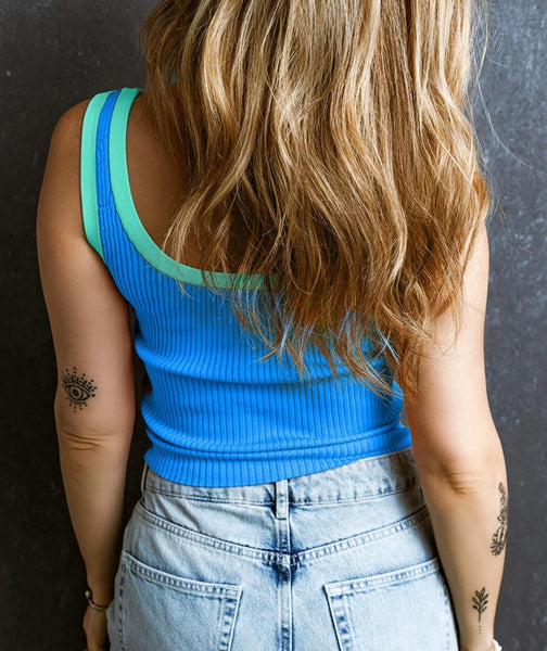 Blue & Green Colorblock Scoop Neck Tank