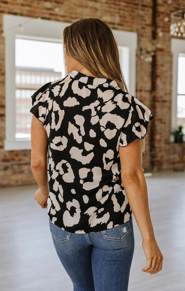 Ivory Black Leopard Split Neck Top