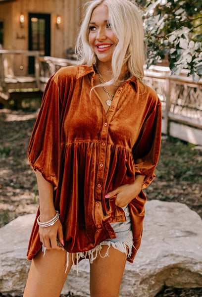 Chestnut Ruffle Velvet Tunic Top