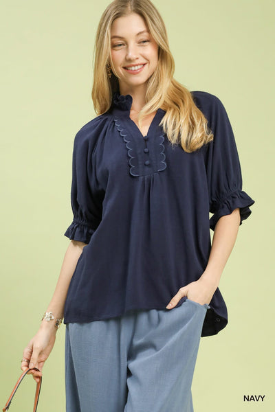 UMGEE Scalloped Ruffle Detail Top Navy