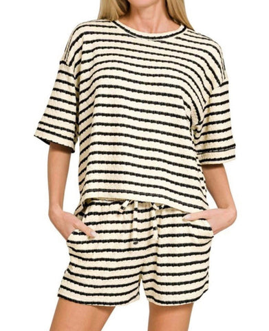 2PC Textured Stripe Shorts Set Black