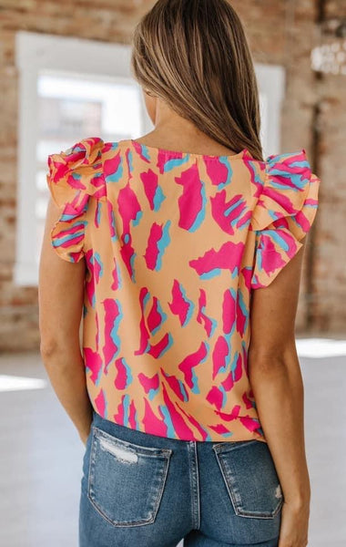 Coral & Pink Abstract Flutter Sleeve Top