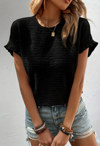 Black Textured Ruffle Sleeve Top