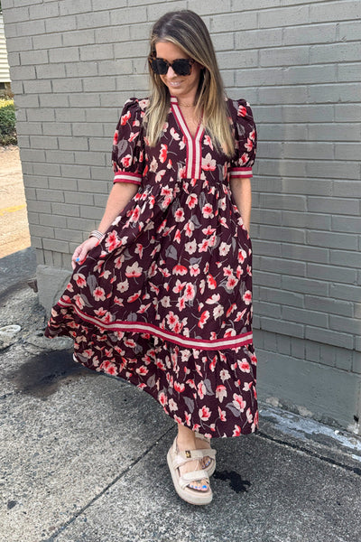 Floral Multicolor Tiered Midi Dress Brown Mix