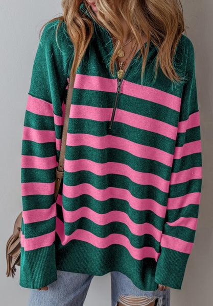 Stanford Stripe Quarter Zip Sweater Green Pink