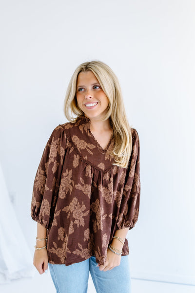 UMGEE Floral Textured Top Cocoa