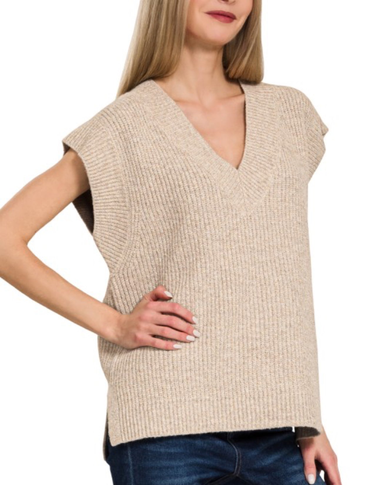 V Neck Boxy Sweater Vest Heather Mocha