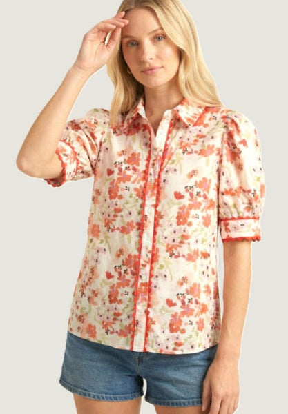 Floral Print Short Sleeve Shirt Red Mix