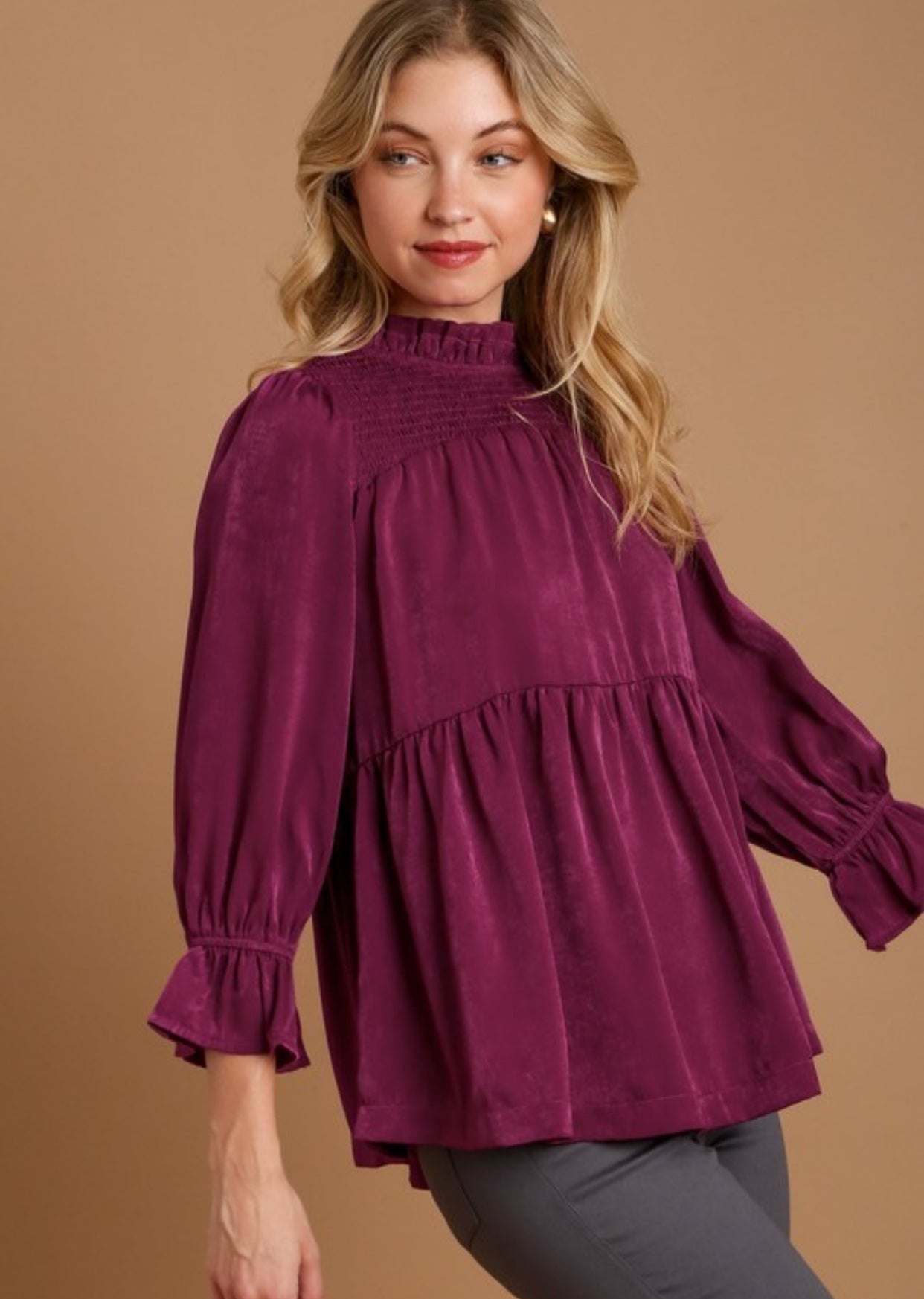 UMGEE Plum Satin Ruffle Top