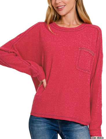 Red Cozy Knit Ribbed Pocket Sweater