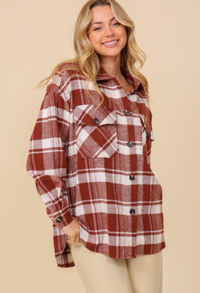 Plaid Button Down Shacket Clay Combo