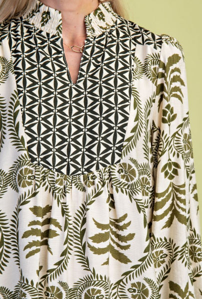 Mollie Printed V Neck Dress Green Mix