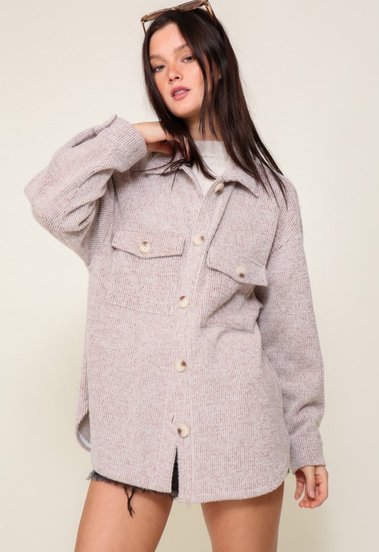 Cozy Brushed Waffle Shacket Heather Brown
