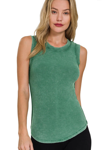 Washed Round Neck Tank Green