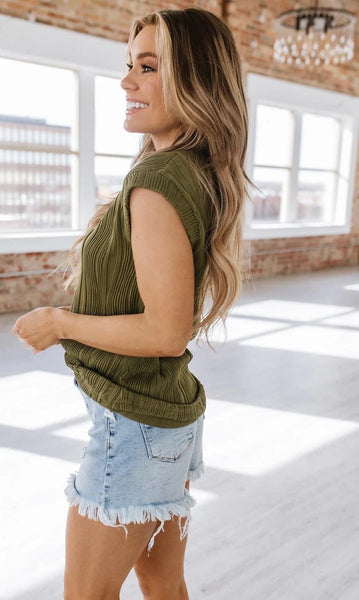 Toni Textured Cap Sleeve Top Olive