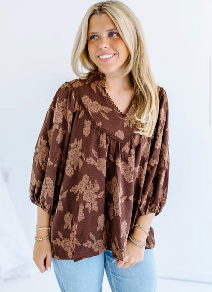 UMGEE Floral Textured Top Cocoa