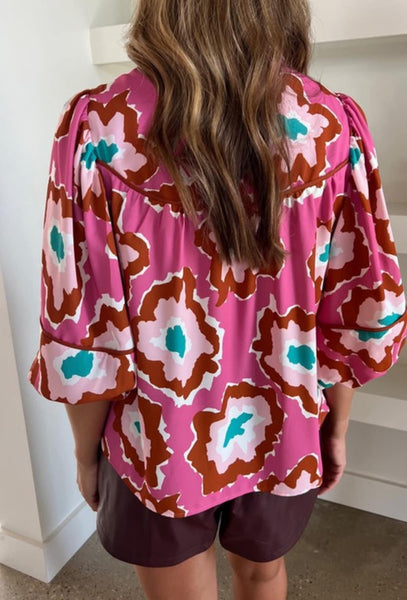 Plum Abstract Print V Neck Top