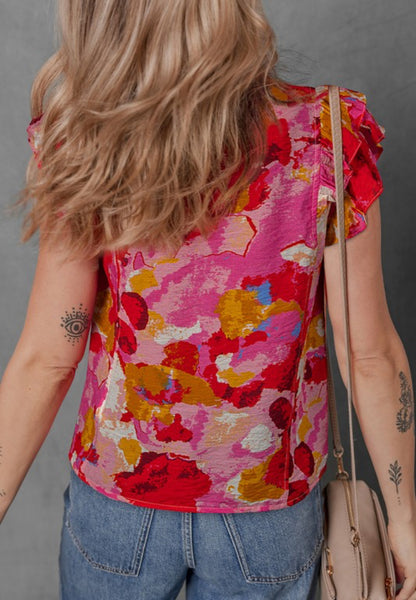 Sunset Ruffle Sleeve Abstract Top