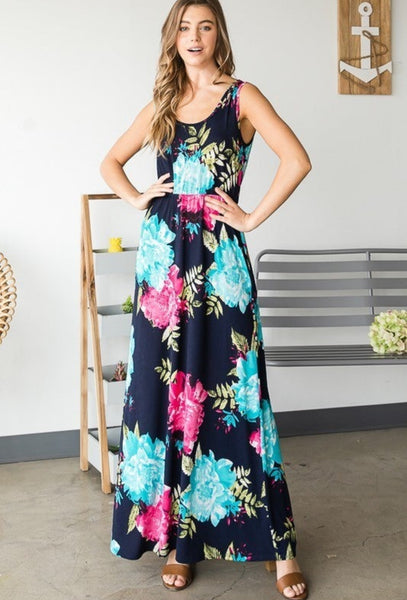 Dark Navy Mint Fuchsia Floral Maxi Dress