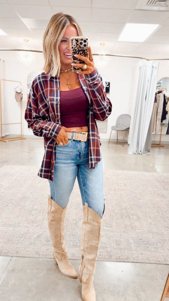 Flannel Plaid Button Down Wine