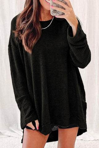 Solid Waffle Knit Tunic Top Black