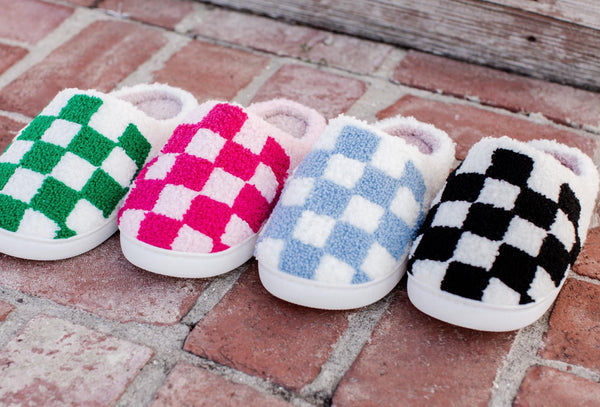 Checkered Plush Slippers Blue