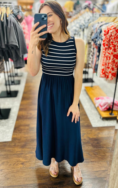 Navy Stripe Mixed Media Midi Dress