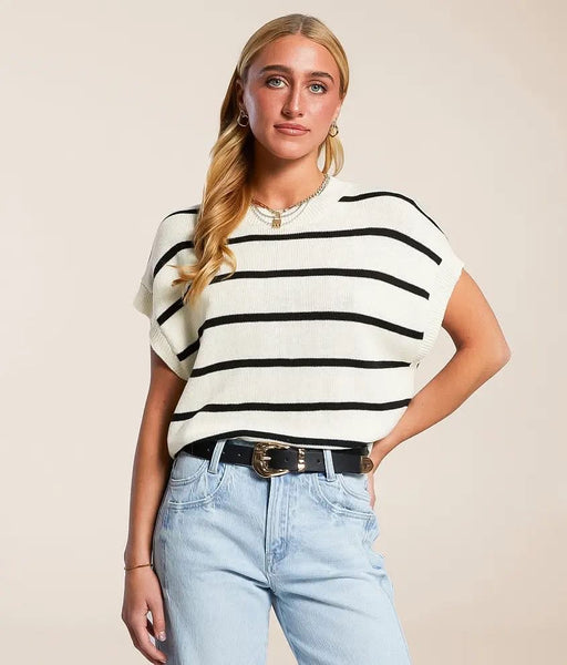 Stripe Crew Neck Knit Top Black