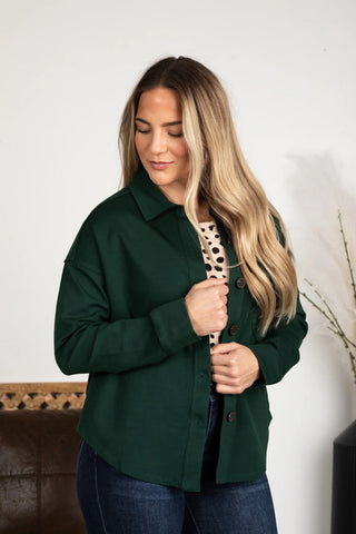 Solid Button Down Shacket Dark Green