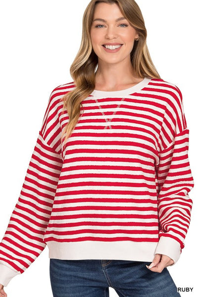 Textured Stripe Two Tone Pullover Red