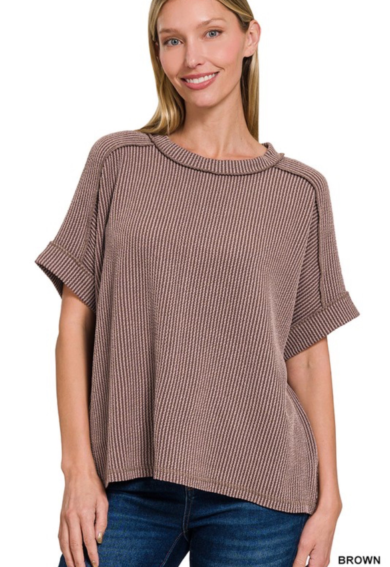 Corded Ribbed Cuffed Sleeve Top Brown