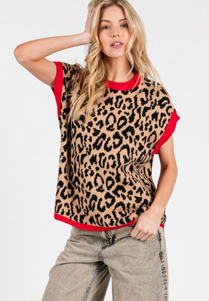 Leopard Red Trim Sweater Vest