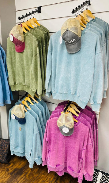 Acid Wash Fleece Hi Lo Hem Sweatshirt Blue Grey