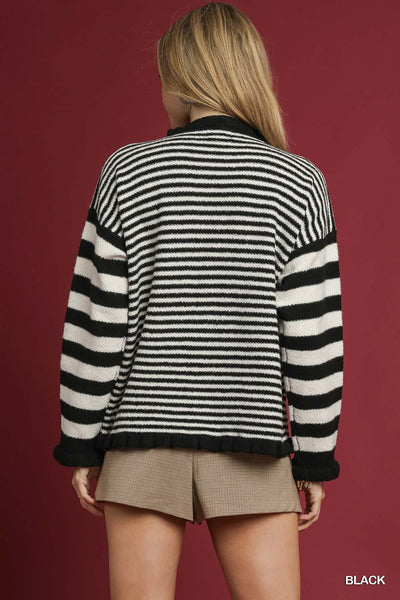 UMGEE Ruffle Neck Stripe Sweater Black Mix