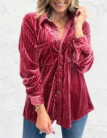 UMGEE Berry Velvet Button Down Top