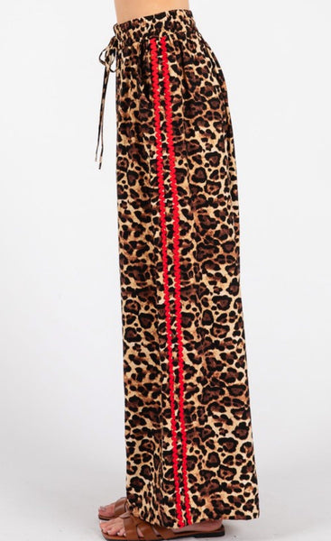 Red Trim Leopard Wide Leg Pant