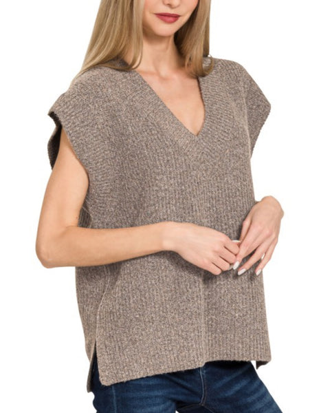 V Neck Boxy Sweater Vest Mocha