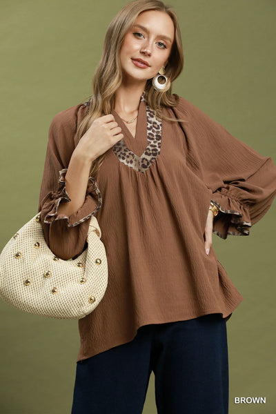 UMGEE Leopard Trim Puff Sleeve Top Mocha