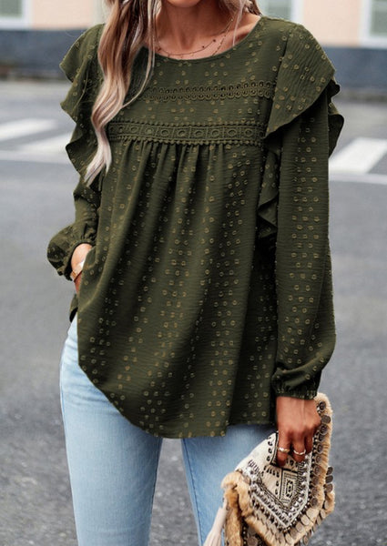 Dark Green Swiss Dot Ruffle Shoulder Top