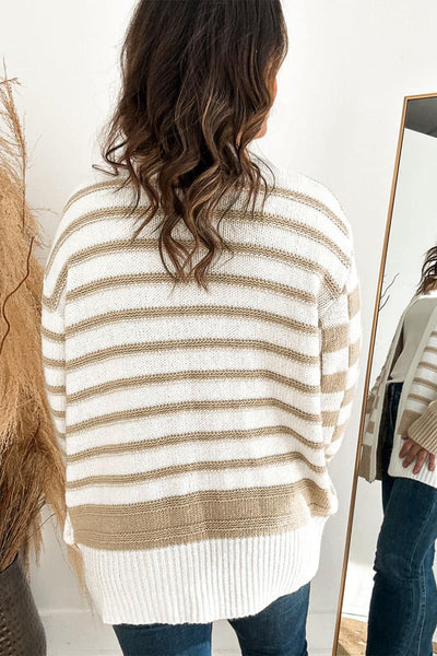 Khaki Ivory Stripe Knit Checkered Cardigan