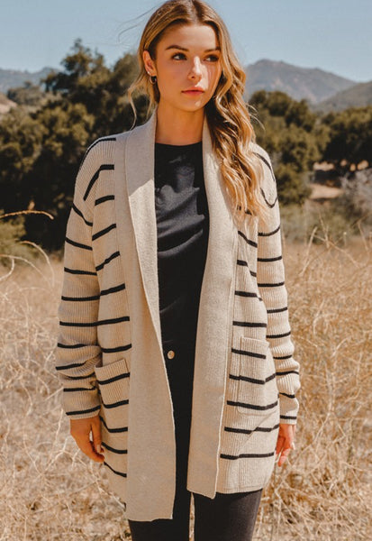 Khaki Black Stripe Pocket Cardigan